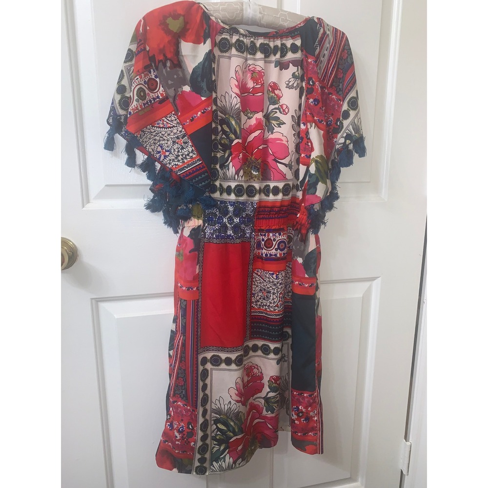 Vanessa Virginia Anthropologie Red Patchwork Floral Tassel Sleeve Boho Dress S - Picture 2 of 14
